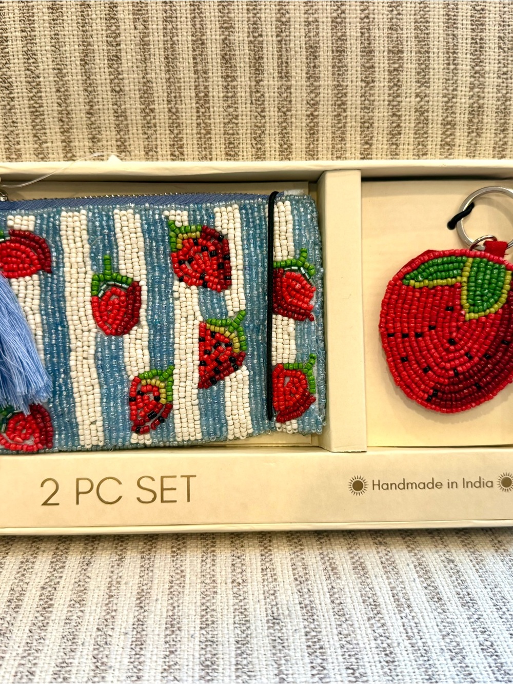 Handmade Blue & Red Beaded Strawberry Wallet and Keychain Set